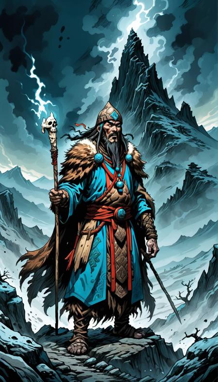 36177-1514320760-graphic novel illustration (vibrant_0.7) dark comic book ink style, A mountain medieval watchmen warrior hermit in a fur and bon.jpg